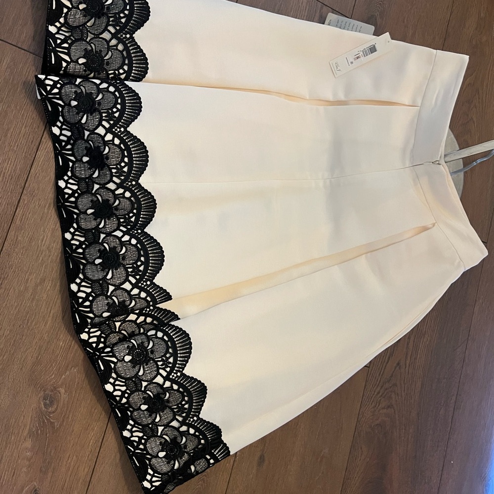 Eliza J Cream A-Line Skirt with Black Floral Lace Trim